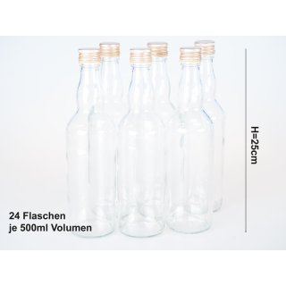 24 Glasflaschen, Einkochflaschen &aacute; 500ml zum Abf&uuml;llen von Selbstgemachtem - Saftflaschen - Lik&ouml;rflaschen mit goldenem Schraubverschluss