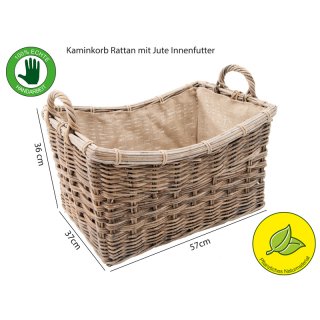 Kaminkorb RATTAN, grau washed, mit eingenähtem Jutefutter...